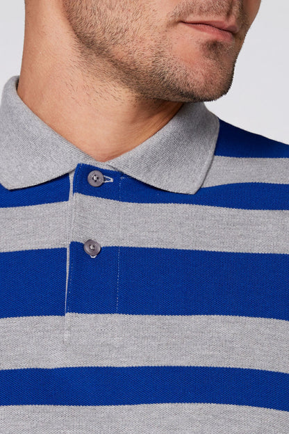 Blue and gray striped polo shirt close-up: gray collar and two-button placket