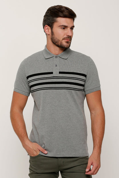 Men's grey polo shirt with black and white striped chest panel