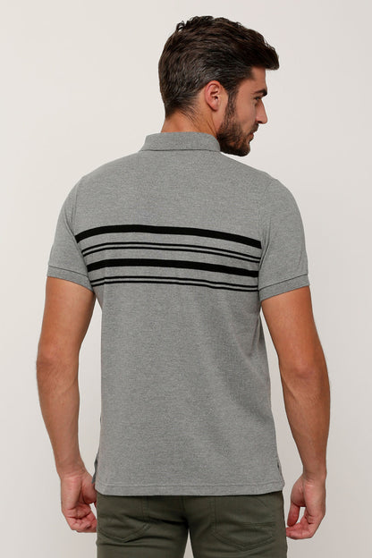 Back view of men's grey polo shirt with black-and-white striped band