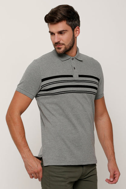Men's grey polo shirt, short sleeves, black-and-white striped band across chest
