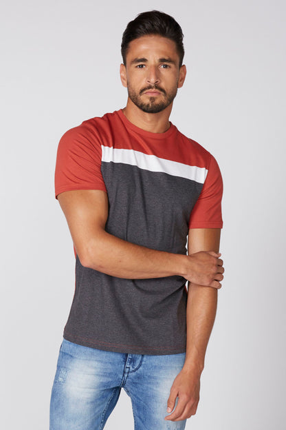 Men's color-block T-shirt in red with dark gray and white stripe, short sleeves
