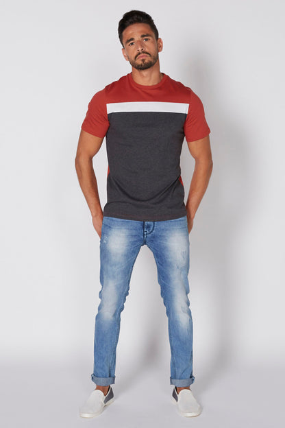 Men's red and dark gray color-block T-shirt with white stripe, blue jeans