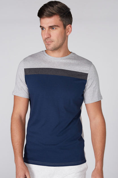 Splash navy panel T-shirt with gray heather sleeves and dark stripe across chest
