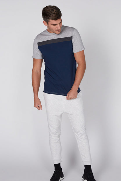 Splash heather gray and navy color-block T-shirt with crew neck