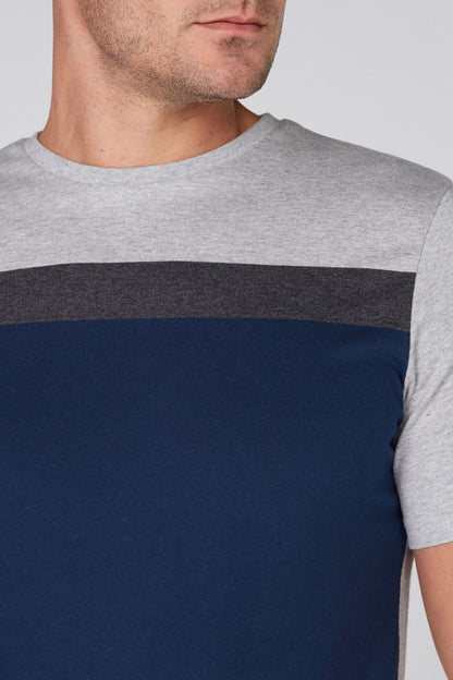 Splash heather gray crewneck T-shirt, navy front panel with dark gray horizontal band