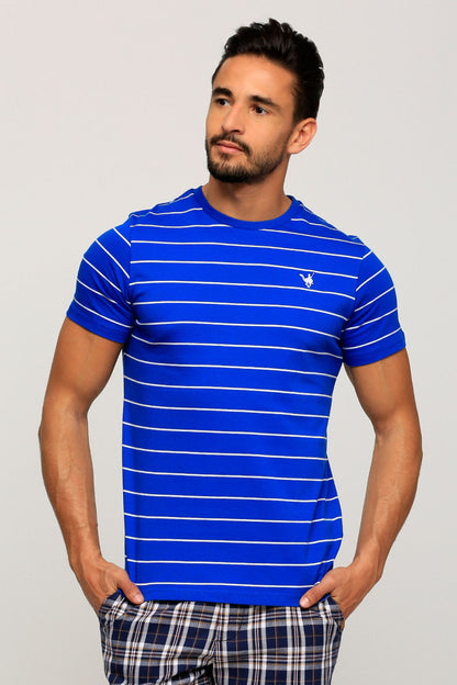 Men's blue striped crewneck T-shirt with small chest logo