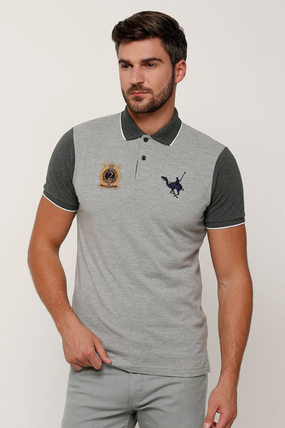 Grey polo shirt with button collar, short sleeves, embroidered chest logo