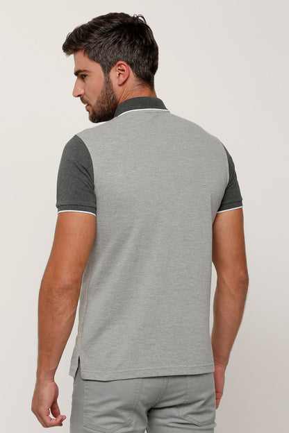 Grey polo shirt back view with ribbed collar and short dark sleeves