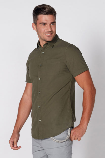 Olive-green button-up short-sleeve shirt with chest pocket and front button placket