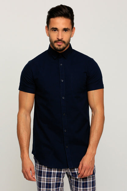 Men's navy short-sleeve button-up shirt with stand collar, front view