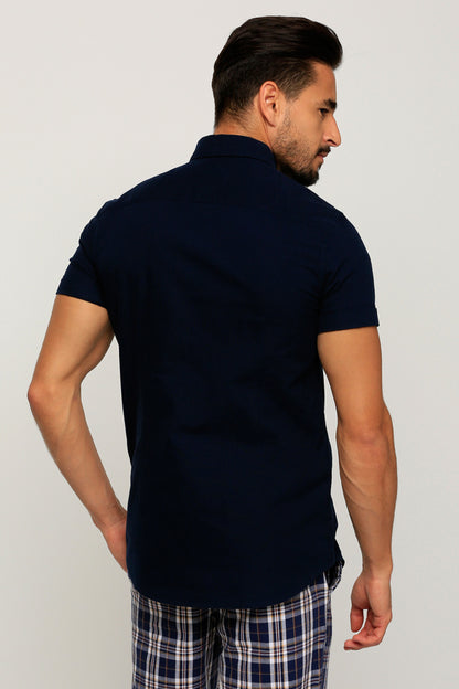 Men's navy short-sleeve button-up shirt with stand collar, back view