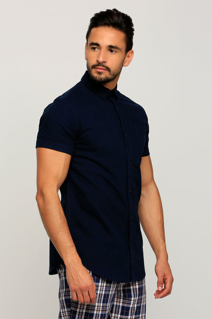 Men's navy short-sleeve button-up shirt with stand collar, side view