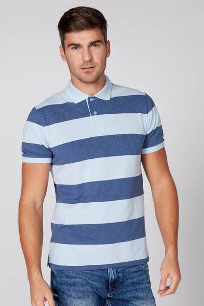 Blue and white horizontal striped polo shirt with collared neckline