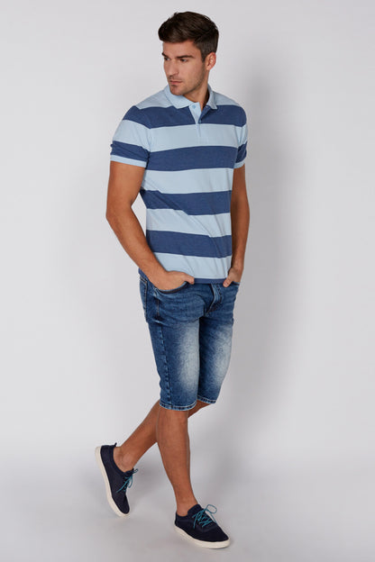 Blue and white striped polo shirt with button placket and short sleeves
