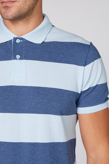Blue and white striped polo shirt collar with button placket