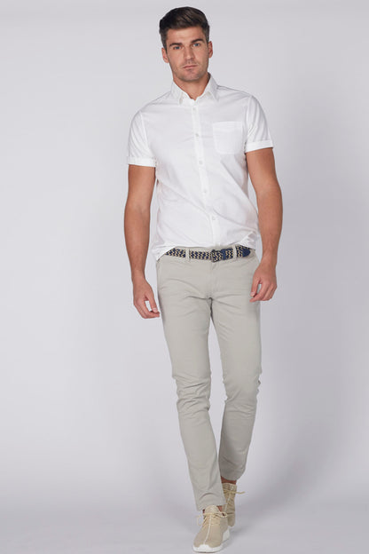 Men's white short-sleeve button-up shirt with chest pocket