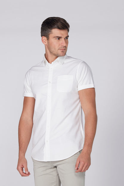 Men's white short-sleeve button-up shirt with chest pocket, side view