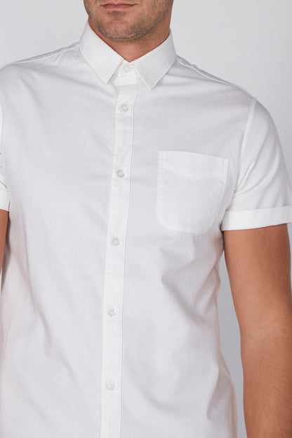 Men's white short-sleeve button-up shirt with chest pocket and buttons