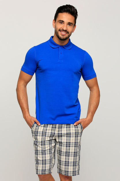 Blue polo shirt with short sleeves and collar, front view