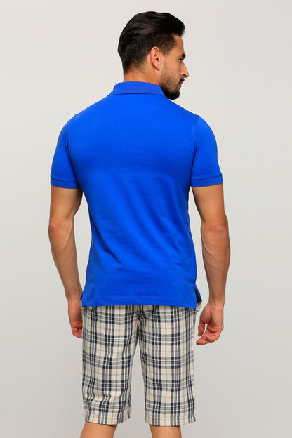 Blue polo shirt with collar and short sleeves, back view