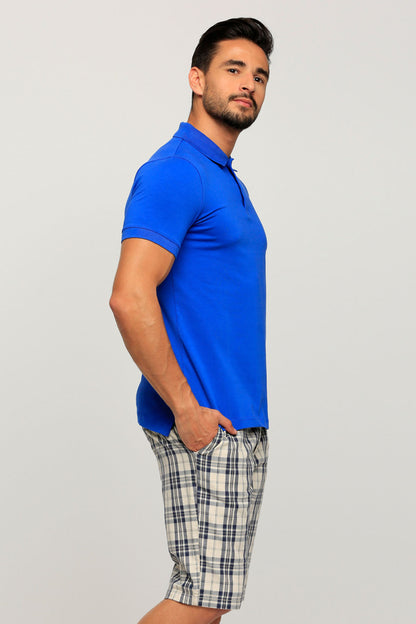Blue polo shirt with collar and short sleeves, side view