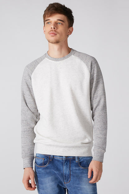 Grey and white raglan sweatshirt with crew neck, long sleeves