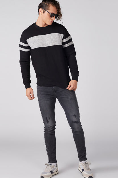 Black crewneck sweatshirt with gray stripe bands across chest and sleeves