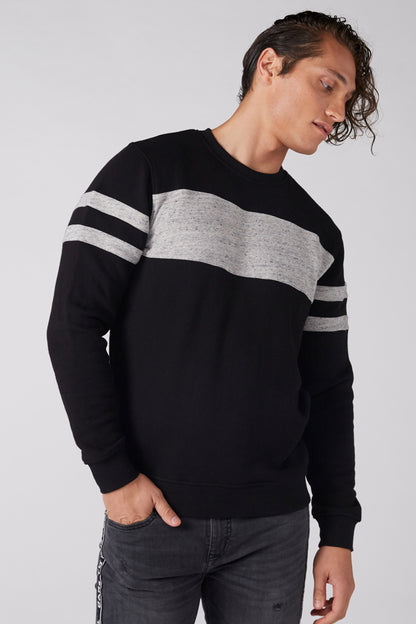 Black crewneck sweatshirt with gray striped yoke and chest panel