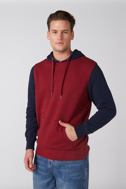 Men's two-tone burgundy and navy hoodie with hood, drawstrings, and kangaroo pocket
