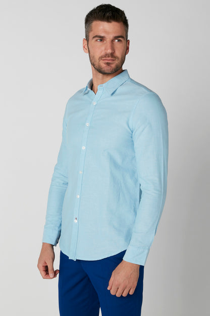 Light blue button-up dress shirt, long sleeves and button placket