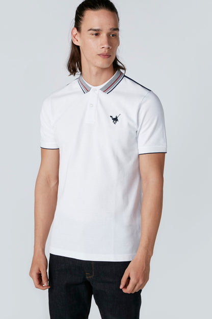 White short-sleeve polo shirt with striped collar and small chest logo