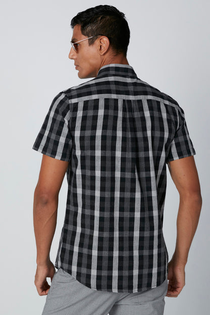 Men's black-and-gray plaid button-up short-sleeve shirt, back view