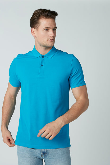 Blue polo shirt with short sleeves and buttoned collar, front view