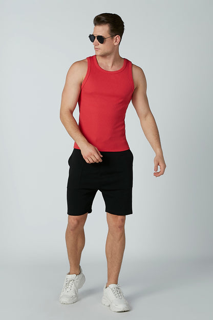 Men's red sleeveless tank top with crew neck and straight hem
