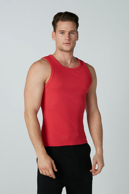 Men's red sleeveless tank top front view with crew neckline