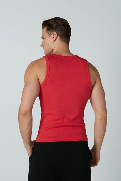 Men's red tank top back view with wide armholes and racerback seams