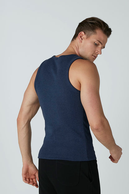 Navy sleeveless tank top from the back view, crew neck and clean armholes
