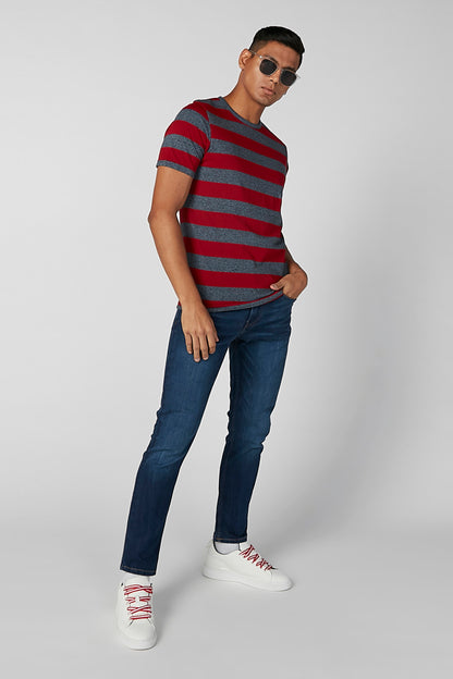Men's red and dark gray striped T-shirt with crew neck and short sleeves