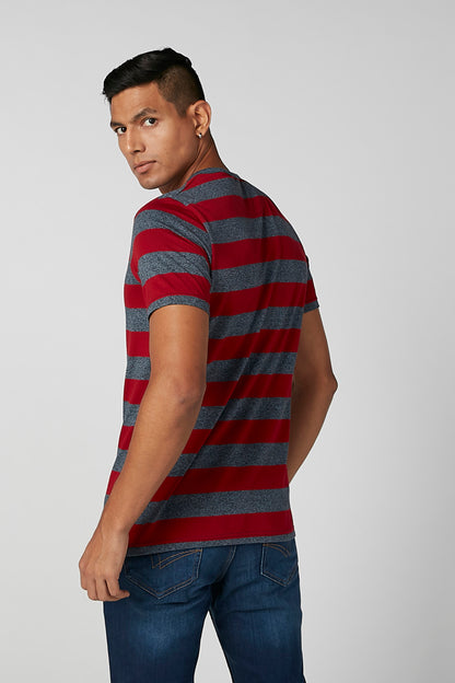 Men's red and dark gray striped T-shirt, crew neck, short sleeves