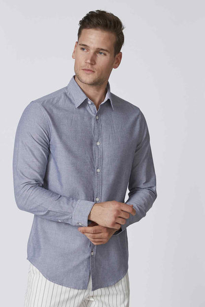 Men's navy-blue button-up shirt with long sleeves and button front