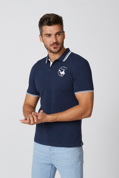 Navy polo shirt with white striped collar and sleeve cuffs, chest logo