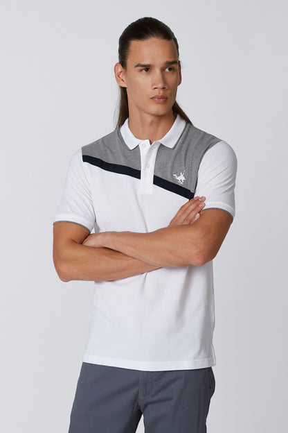 White and navy color-block polo shirt with chest logo and button-down collar