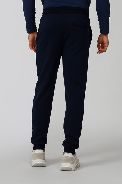 Navy jogger sweatpants with elastic cuffs and tapered legs, back view