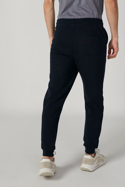 Navy jogger pants with side pockets and elastic ankle cuffs