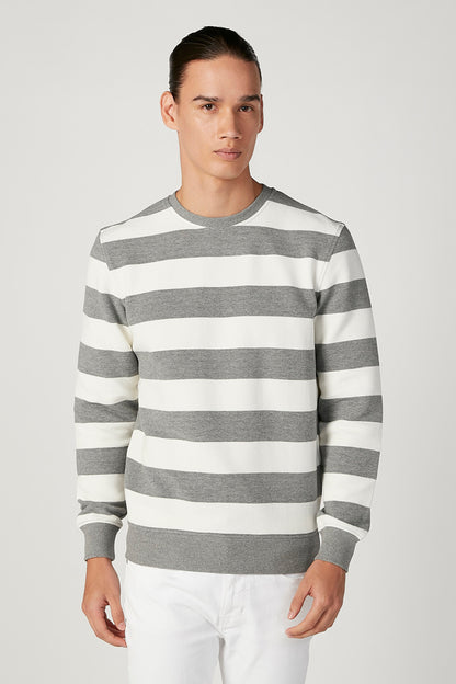 Grey and white striped crewneck sweater with long sleeves