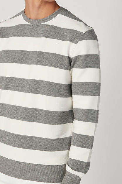 Grey and white horizontal striped crewneck sweater, long sleeves