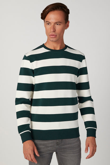 Men's dark green and white striped crewneck sweater, long sleeves