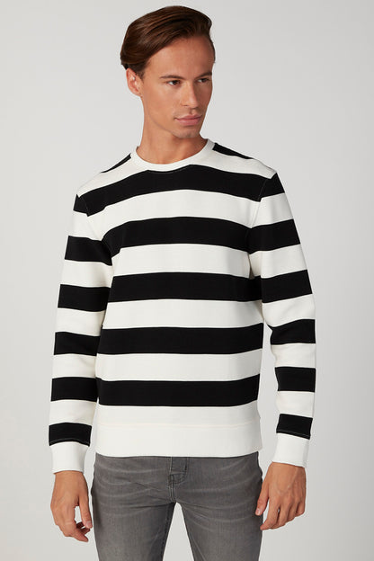 Men's black-and-white horizontal striped crewneck sweater, long sleeves