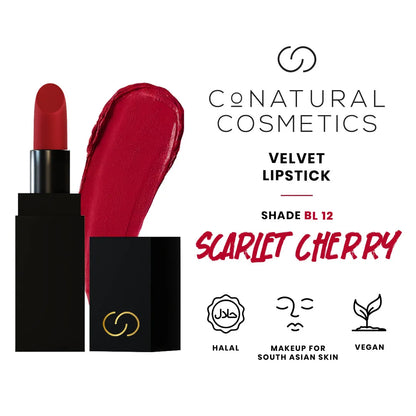 Velvet lipstick with black case and tube, shade BL12 Scarlet Cherry