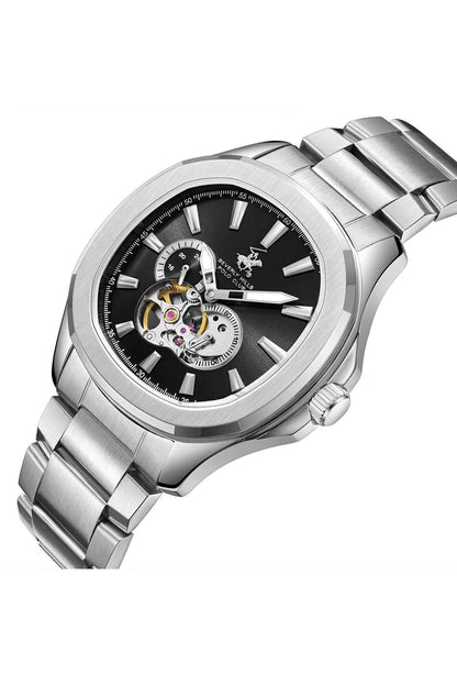 Silver metal wristwatch angled view, black dial with exposed mechanical parts
